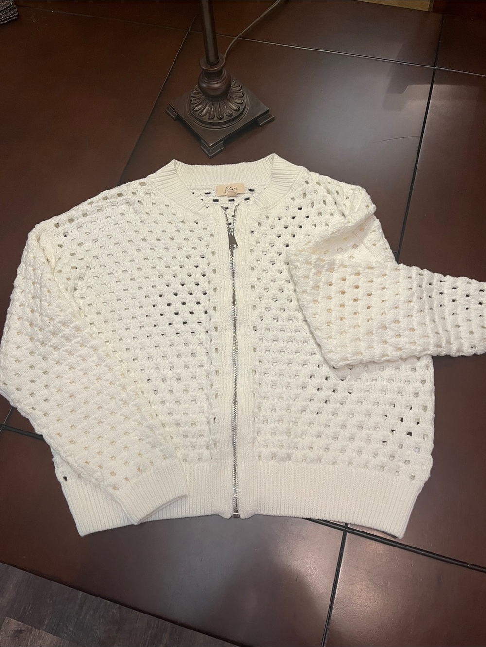 Elan White Cropped Open-Weave Zip Cardigan EUC so cute